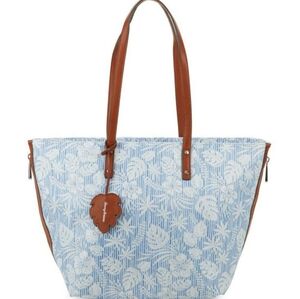 Tommy Bahama Blue and White Tropical Floral Zip Tote Bag Purse
